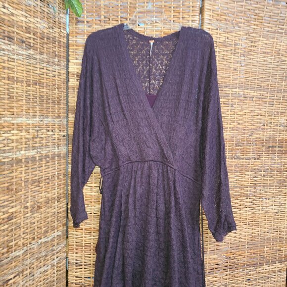 Free People Dress Dark Brown 2 Layer SZ M Dolman Sleeve Drawstring Tassels Urban - Picture 3 of 11